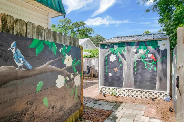 a view of a porch with a backyard
