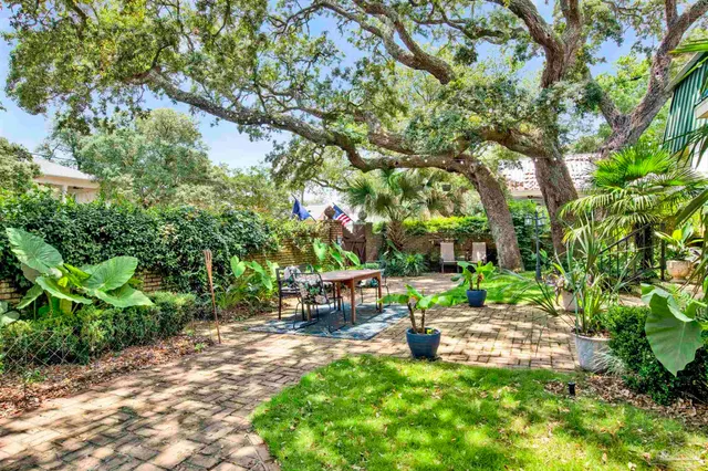 a backyard with plants and outdoor seating