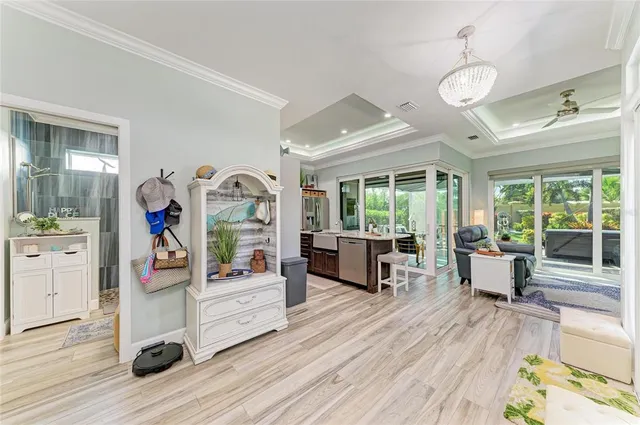 a view of a garden with a building in the background