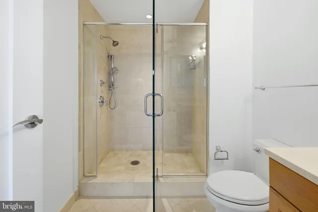 a bathroom with a shower and a toilet