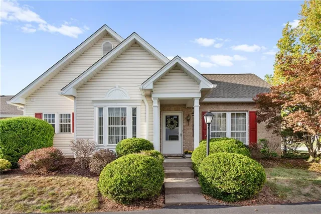 a view of a house with potted plants and a large tree