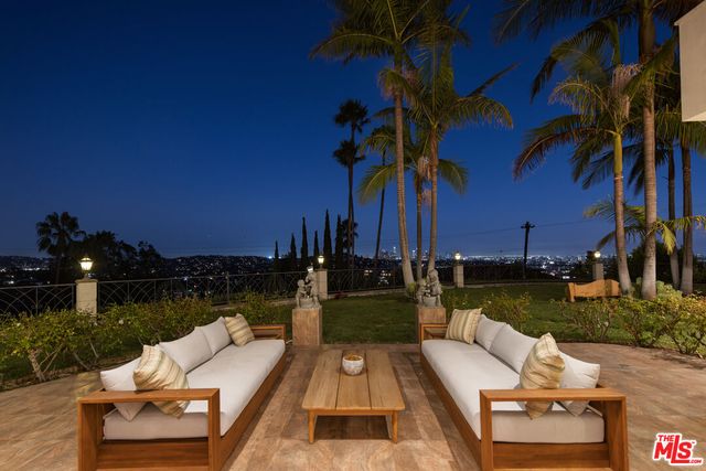 a view of a patio with couches and a potted plant on a table and chairs