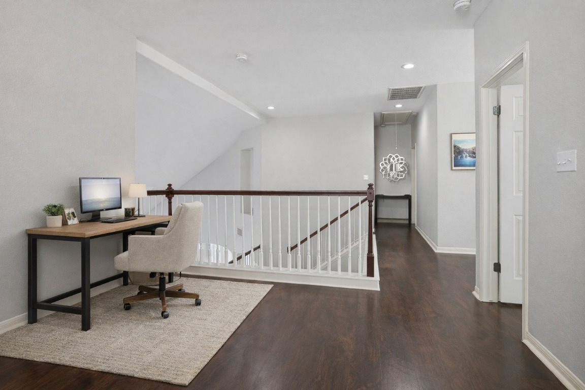 11217 Terrace Meadow Way Manor, TX 78653 - Photo 19 of 33 Office with attic access, dark wood-style floors, and recessed lighting