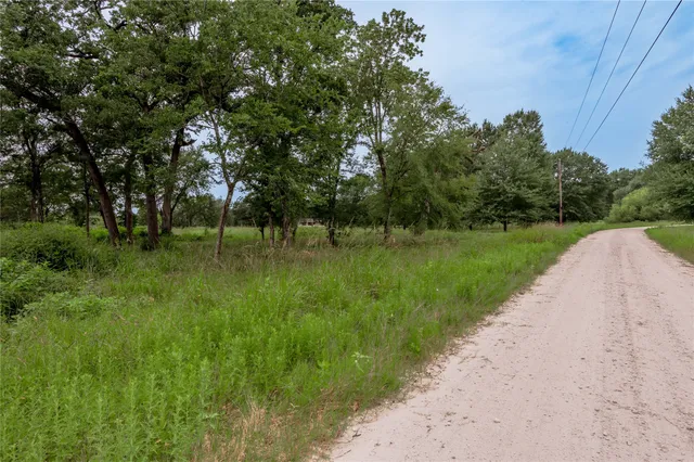 an aerial view of residential houses with outdoor space and trees