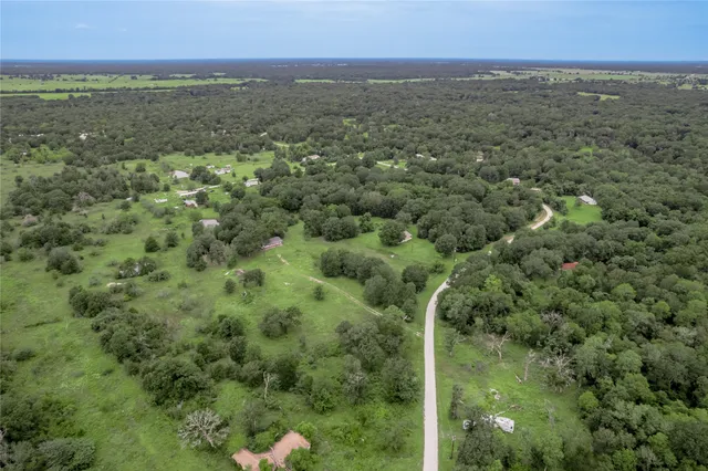 an aerial view of residential houses with outdoor space and trees