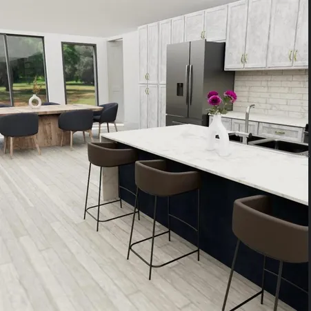 a kitchen with a table chairs and refrigerator