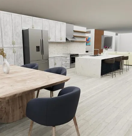 a kitchen with stainless steel appliances kitchen island granite countertop a table chairs and a refrigerator