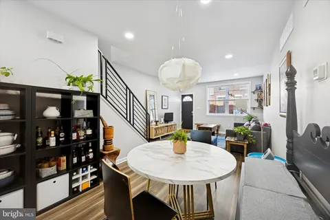 a view of a dining room with furniture