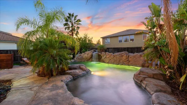 a view of a backyard with potted plants