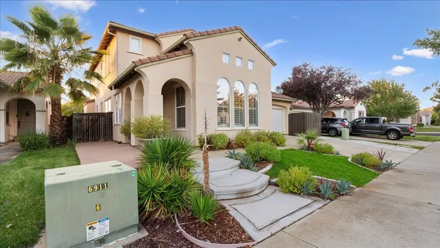 a couple of potted plants in front of door