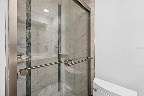 a bathroom with a shower and toilet