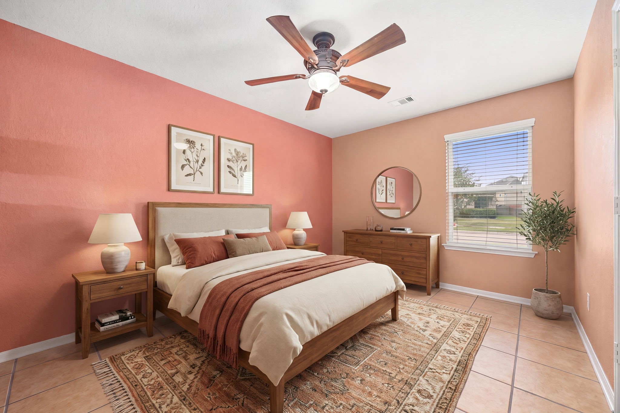 3102 Single Ridge Way Katy, TX 77493 - Photo 8 of 23 Another well-proportioned secondary bedroom offering an inviting and versatile layout equipped with a central ceiling fan for year-round comfort. The space features easy-to-maintain tile flooring and a large window that provides comfortable daylighting, making it an excellent option for family, guests, or a dedicated workspace. *Virtually Staged