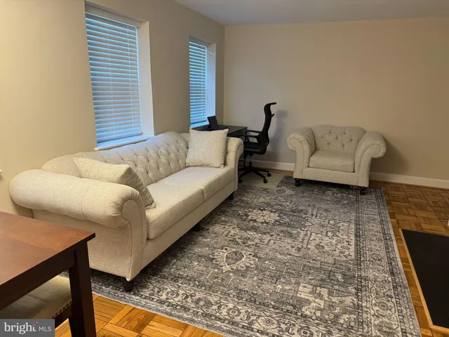 a living room with furniture and a rug