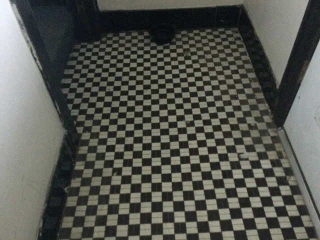 a bathroom with a black and white checkered floor