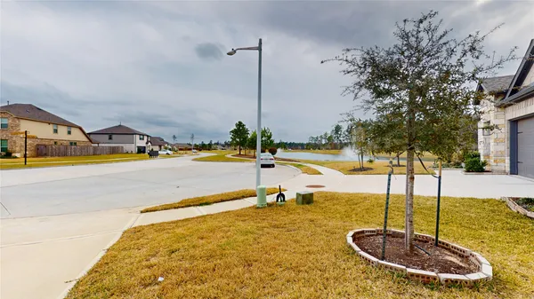 a bathroom with a tub and trees in the background