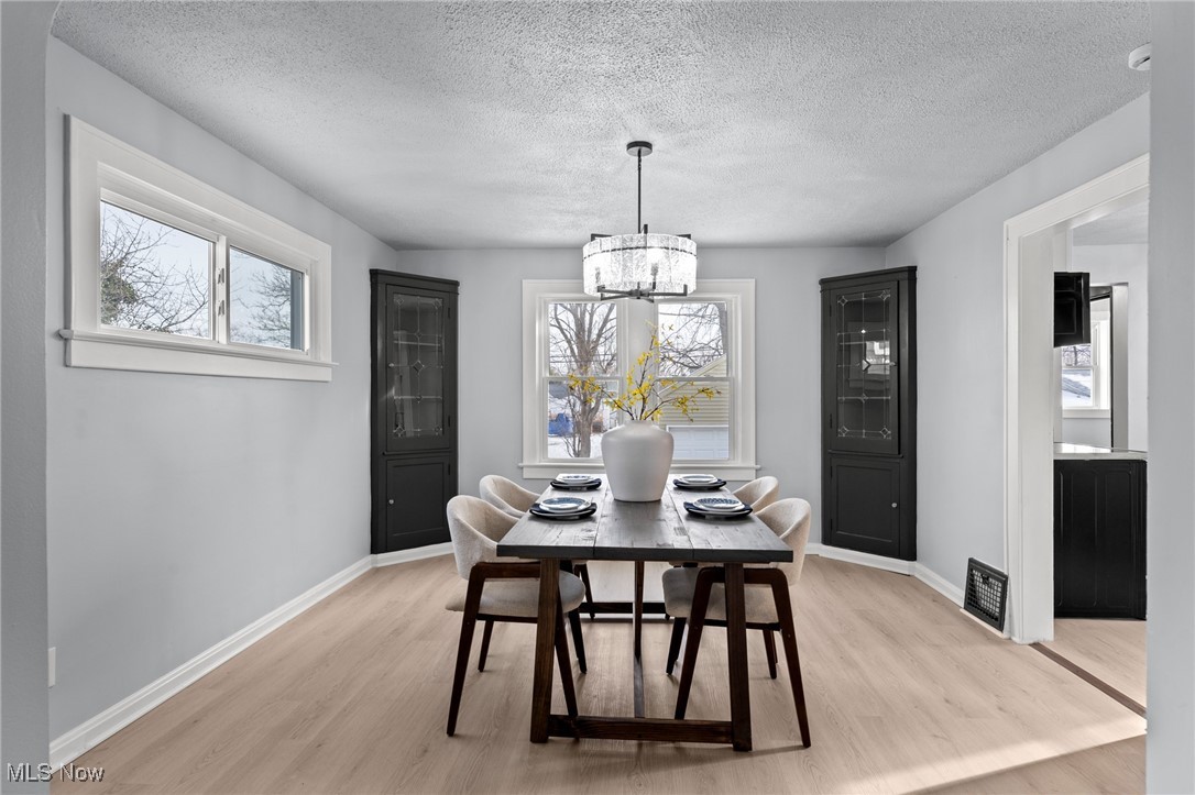 1193 Mayfield Ridge Road Cleveland, OH 44124 - Photo 9 of 35 Dining space featuring light wood-style floors, a textured ceiling, and a chandelier