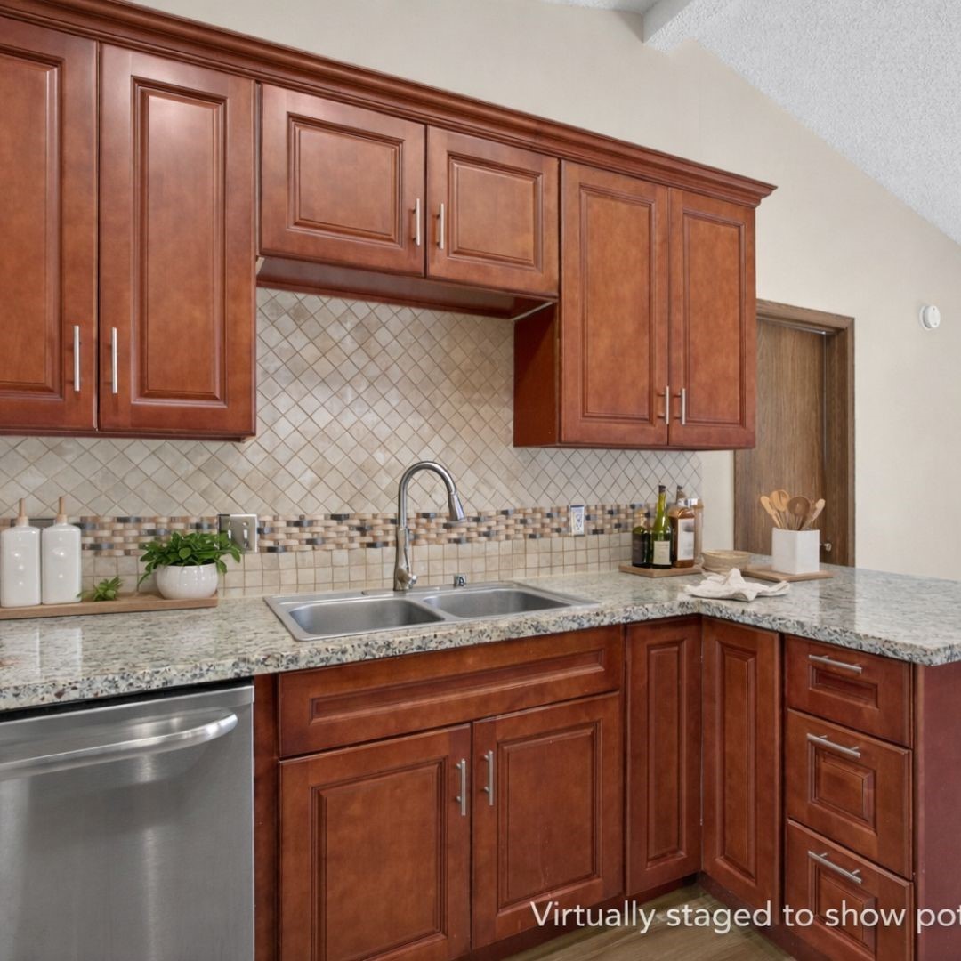 11803 Inga Lane Houston, TX 77064 - Photo 15 of 39 This kitchen features warm wood cabinets, granite countertops, and a mosaic tile backsplash. It includes stainless steel appliances and a double sink, offering a modern and functional space.