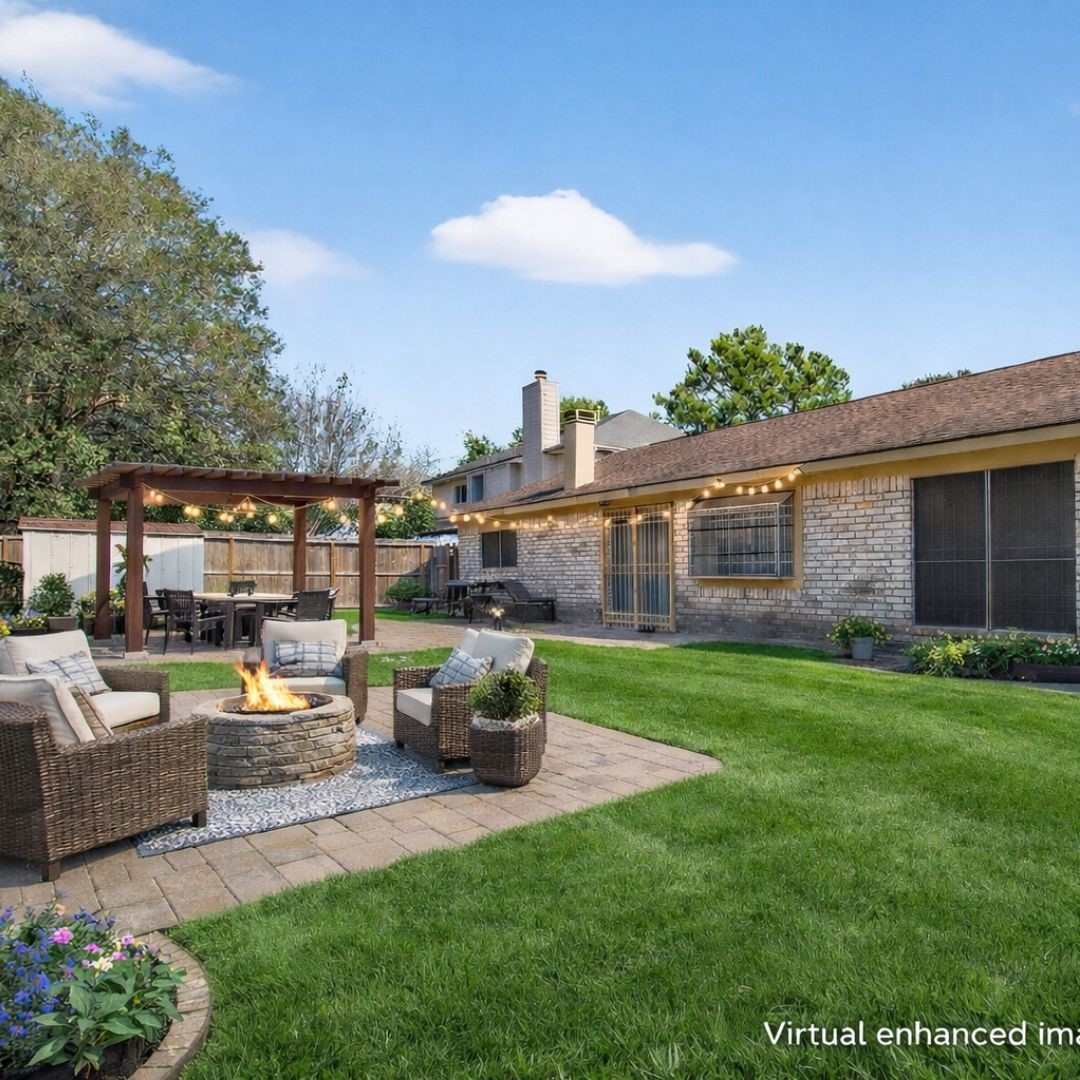 11803 Inga Lane Houston, TX 77064 - Photo 5 of 39 Spacious backyard with a cozy patio area featuring a fire pit and comfortable seating. There's a pergola with string lights for outdoor dining and entertaining. The yard is well-maintained with lush grass and landscaping. Perfect for relaxation and gatherings.