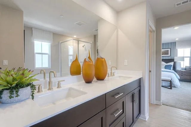 a bathroom with a sink a vanity and mirror