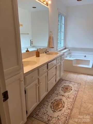 a bathroom with a tub sink and mirror