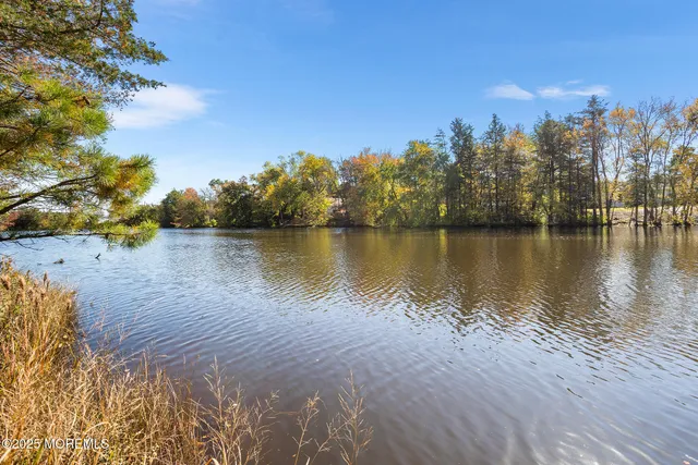 a view of a lake with houses in the background