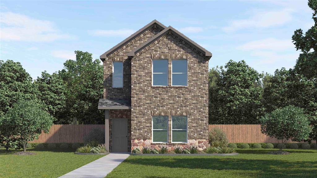 Two-story facade featuring a brick exterior with stone accents