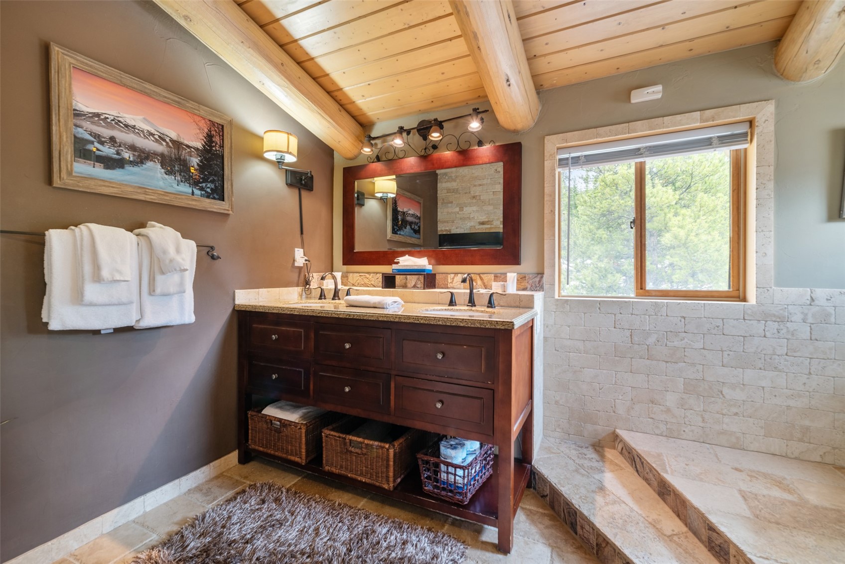 243 Rena Road Breckenridge, CO 80424 - Photo 13 of 50 Bathroom with tile floors, beamed ceiling, oversized vanity, and wood ceiling