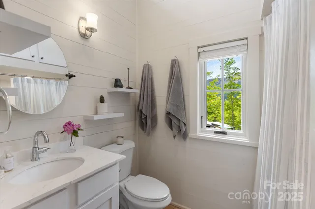 a bathroom with a sink vanity mirror and toilet