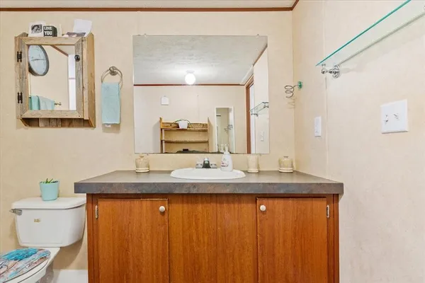 a bathroom with a granite countertop sink and a mirror