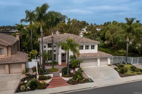 a aerial view of a house with a yard and large trees