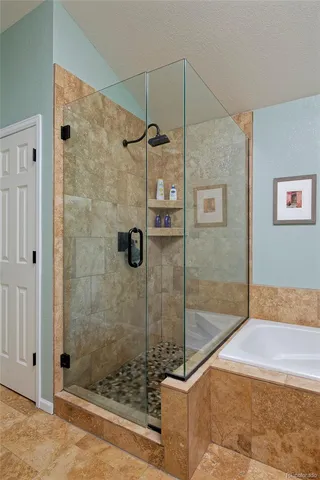 a bathroom with a shower and a sink
