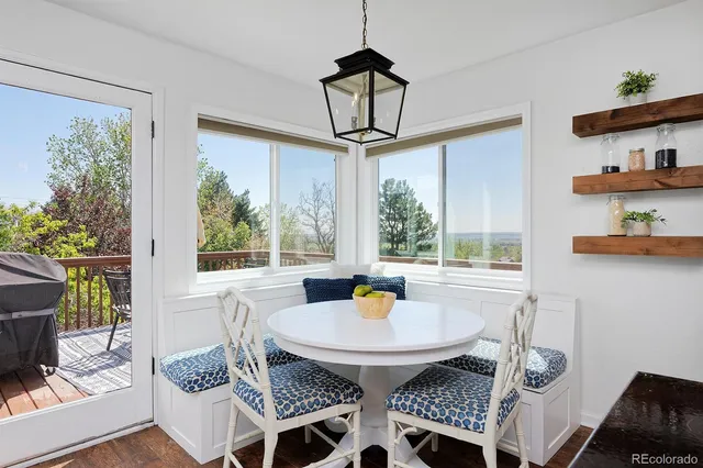 a view of a dining room with furniture window and outside view