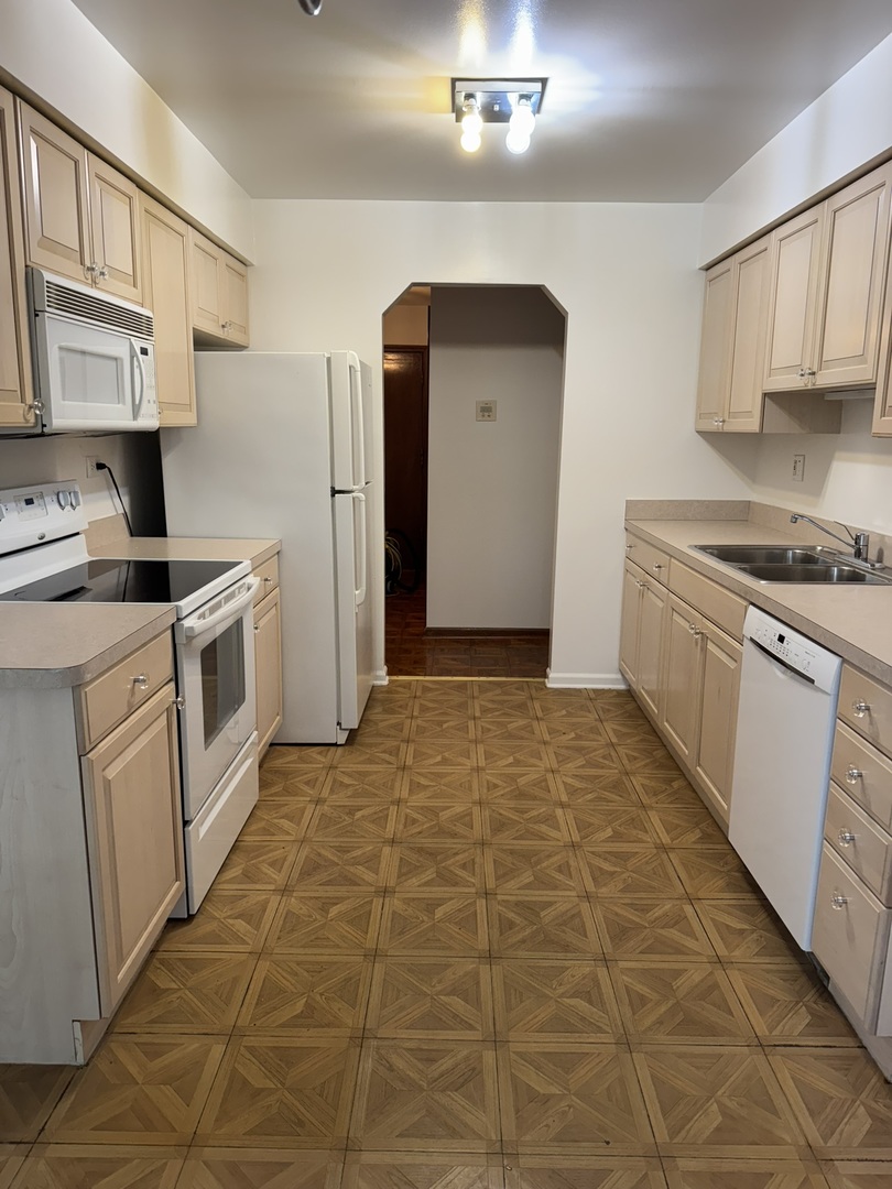 9244 Gross Point Road, Unit 103 Skokie, IL 60077 - Photo 10 of 28 a kitchen with a stove a sink and a refrigerator