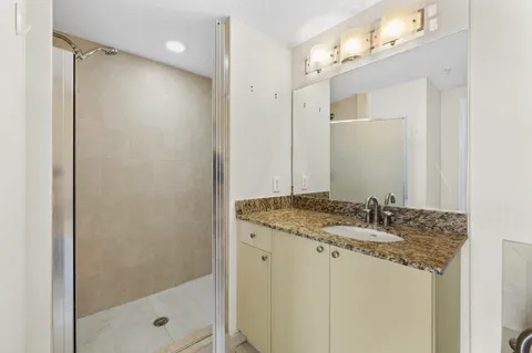 a bathroom with a granite countertop sink a mirror and shower