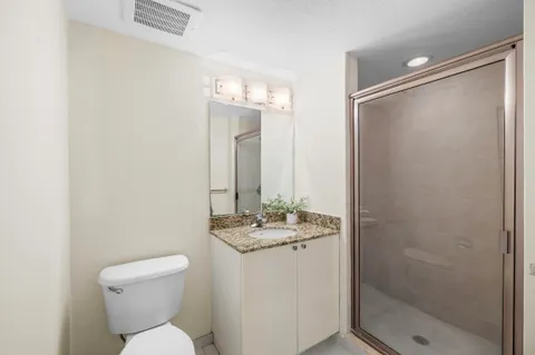 a bathroom with a granite countertop sink toilet and shower