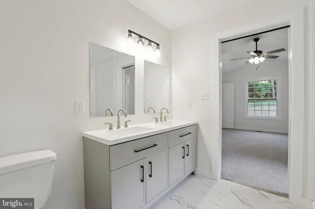 a bathroom with a double vanity sink a toilet and a mirror