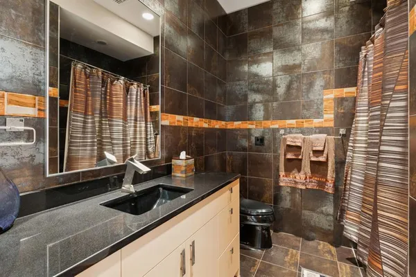 a bathroom with a sink and a shower