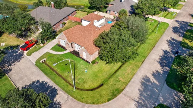 an aerial view of a swimming pool