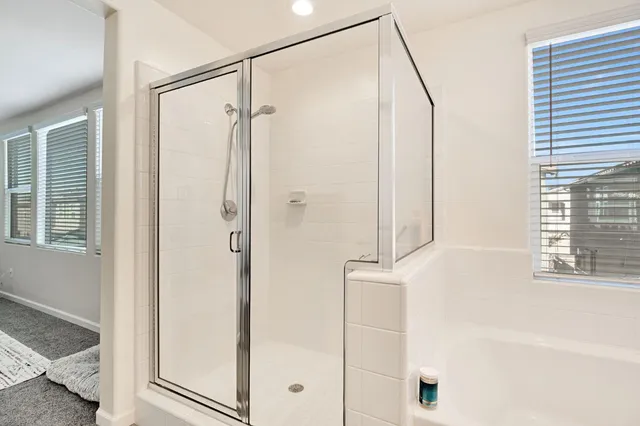 a bathroom with a shower and a tub