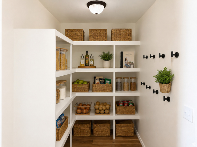 1038 West 950 South Springville, UT 84663 - Photo 4 of 14 Walk-in pantry featuring extensive built-in shelving, recessed lighting, wood-finish flooring, and wall-mounted hooks