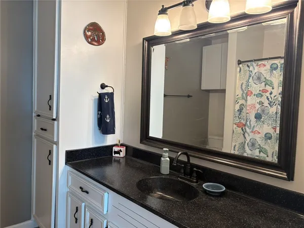 a bathroom with a sink and a mirror