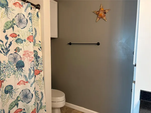 a bathroom with a toilet and a shower curtain