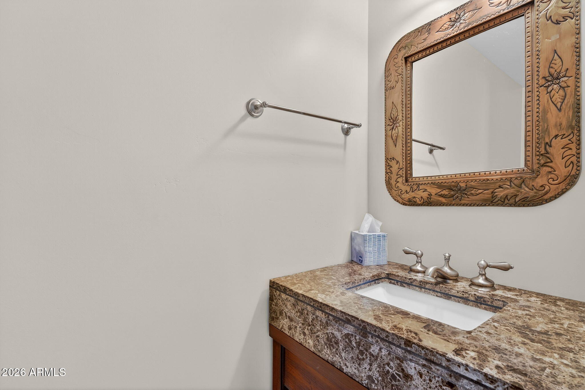 8540 East McDowell Road, Unit 110 Mesa, AZ 85207 - Photo 32 of 74 a bathroom with a granite countertop sink and a mirror