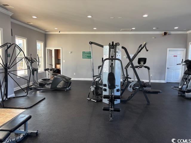 328 Kiskadee Loop, Unit 15C Conway, SC 29526 - Photo 12 of 18 Exercise room featuring ornamental molding and recessed lighting