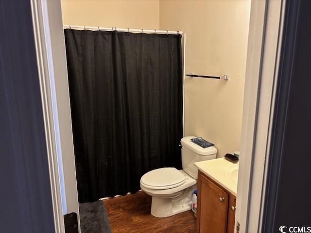 328 Kiskadee Loop, Unit 15C Conway, SC 29526 - Photo 9 of 18 Bathroom featuring curtained shower, dark wood-style flooring, and vanity