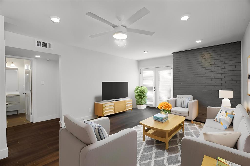 909 Reinli Street, Unit 144 Austin, TX 78751 - Photo 7 of 19 Living area featuring dark wood-type flooring, a ceiling fan, and recessed lighting