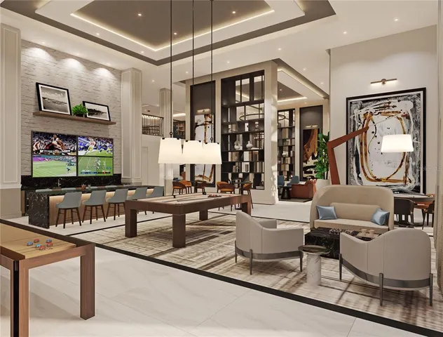 a living room with furniture a bookshelf and a large window