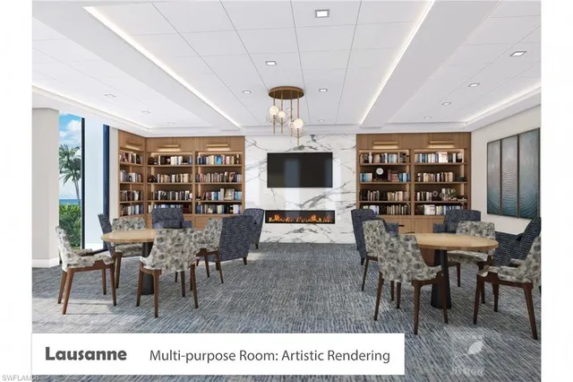 a dining room with furniture and window