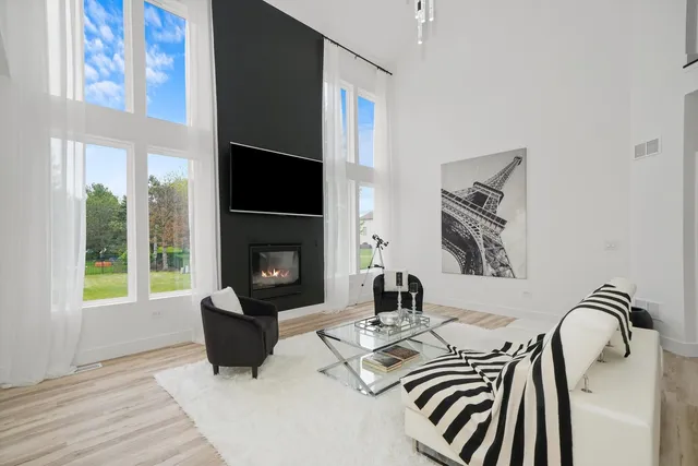 a living room with furniture a rug and a fireplace