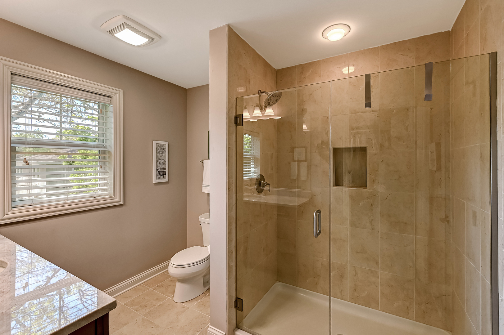 5607 Hillcrest Road Downers Grove, IL 60516 - Photo 28 of 50 a bathroom with a granite countertop shower a toilet and a sink